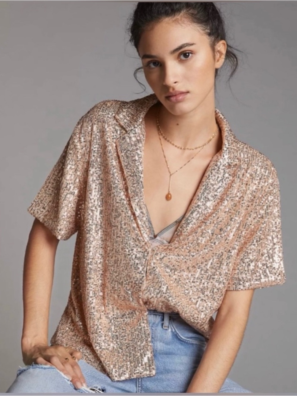 Anthropologie (Sunday in Brooklyn) Sequin Snap-Front Short Sleeve - Rose Gold